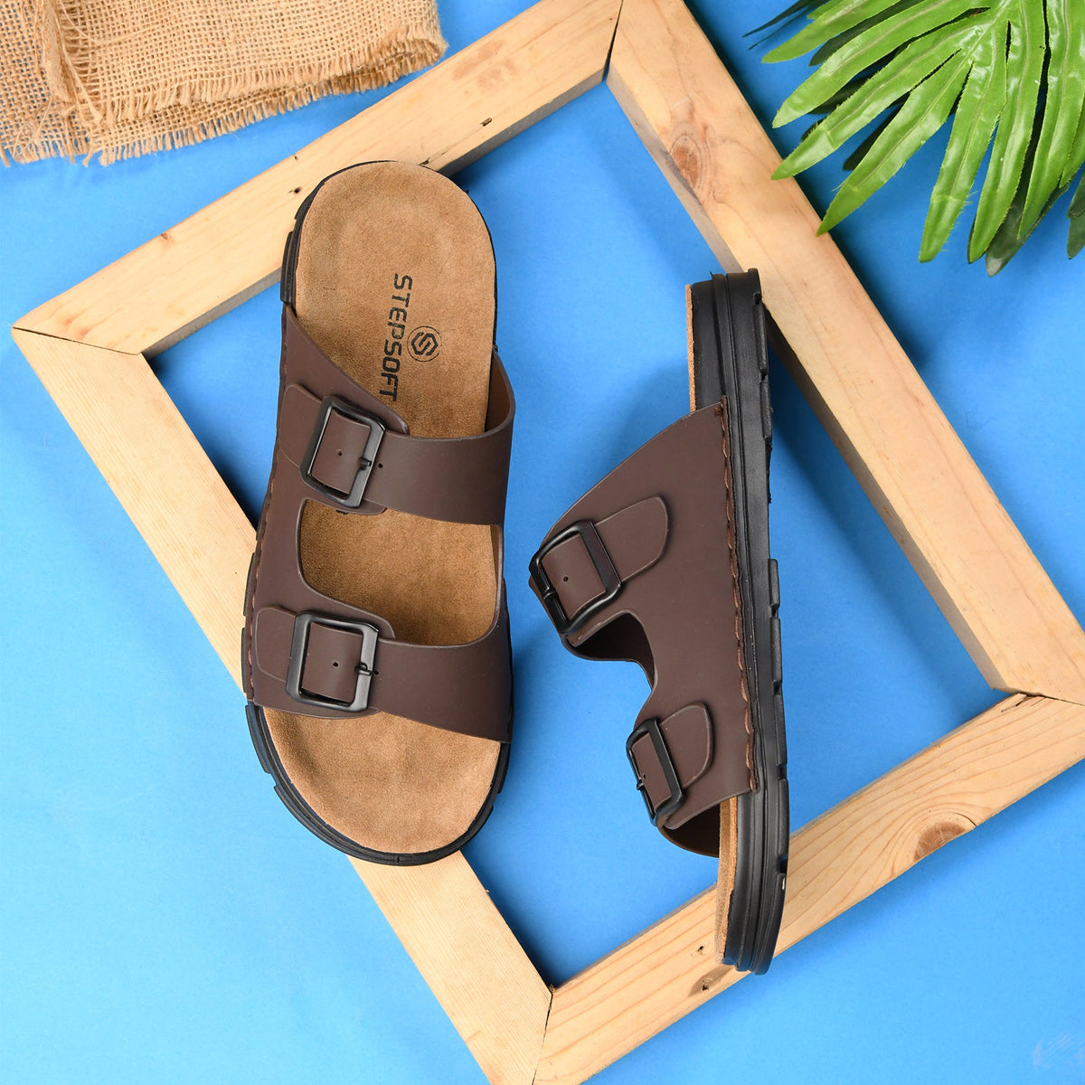 Vegan Leather Buckle Strap Slippers Men