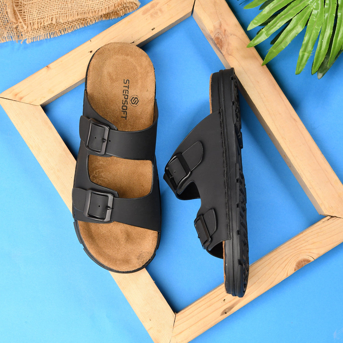 Vegan Leather Buckle Strap Slippers Men