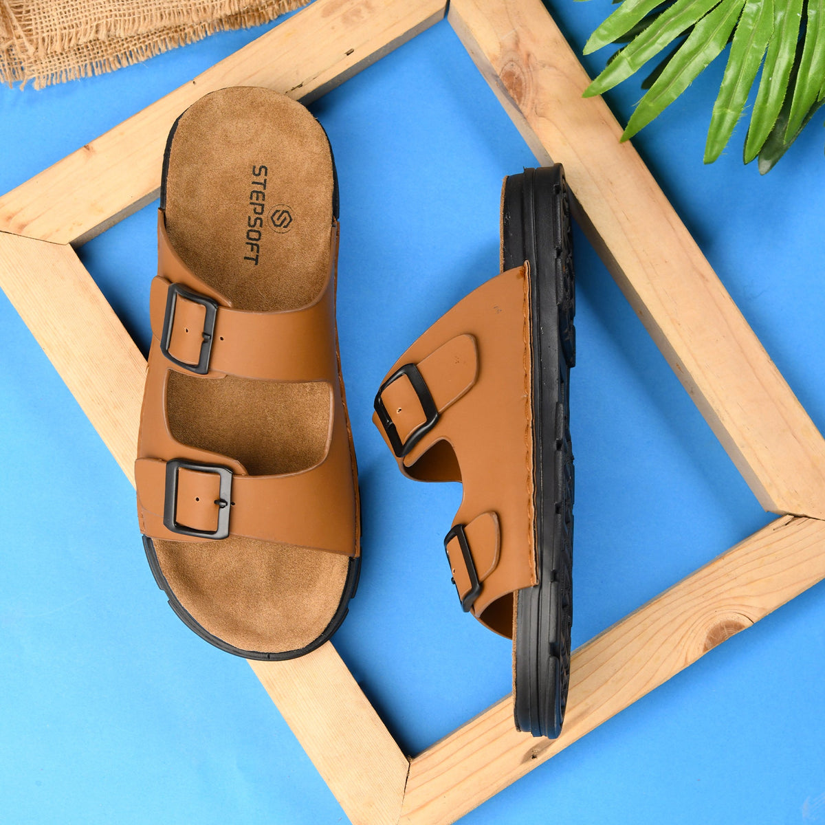 Vegan Leather Buckle Strap Slippers Men