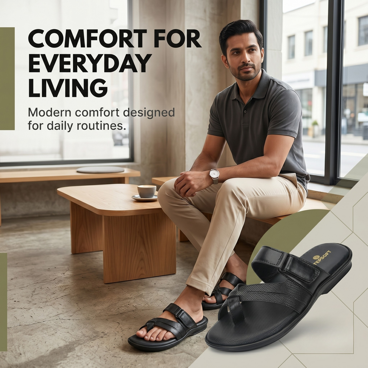 Leather Toe Ring Memory Cushion Slippers Men