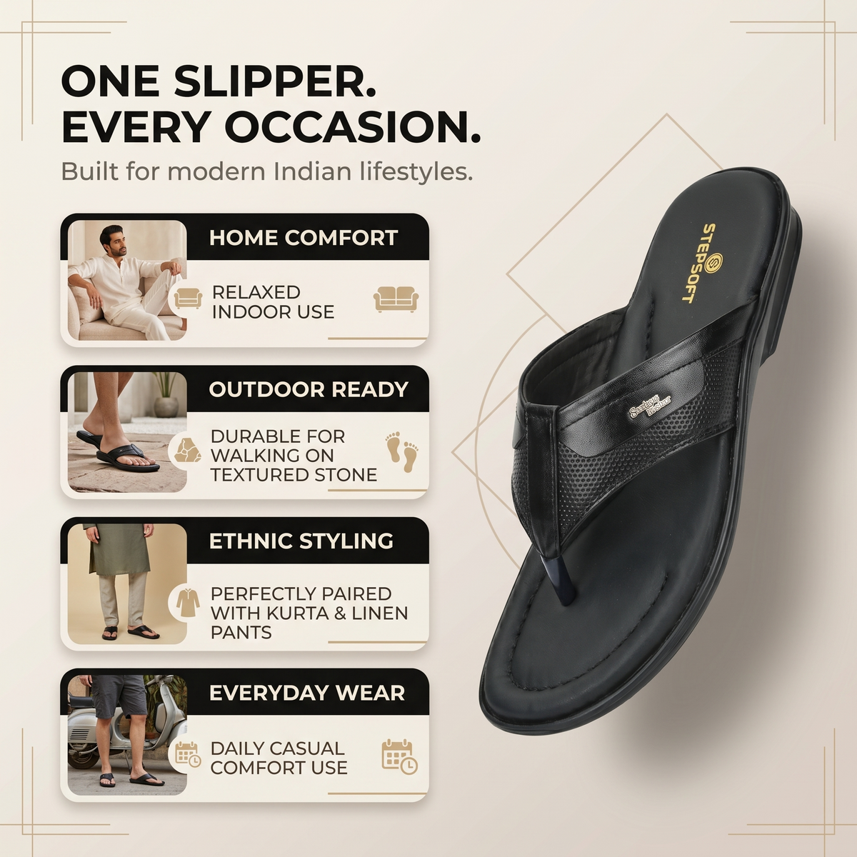 Leather V-Strap Cushioned Slippers for Men