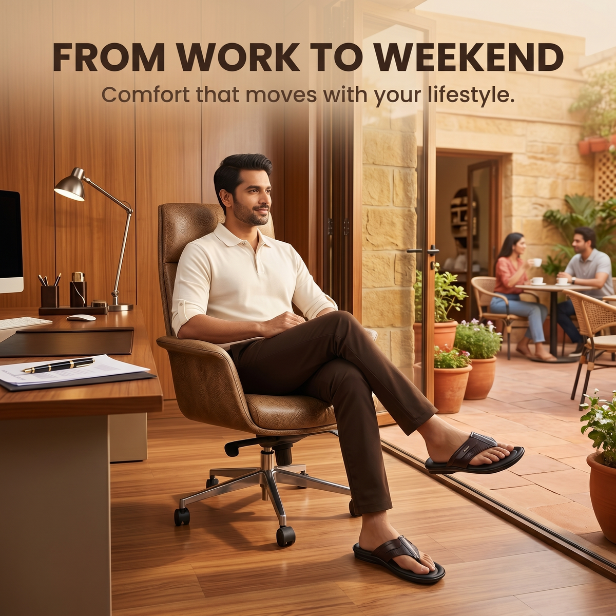 Leather V-Strap Cushioned Slippers for Men