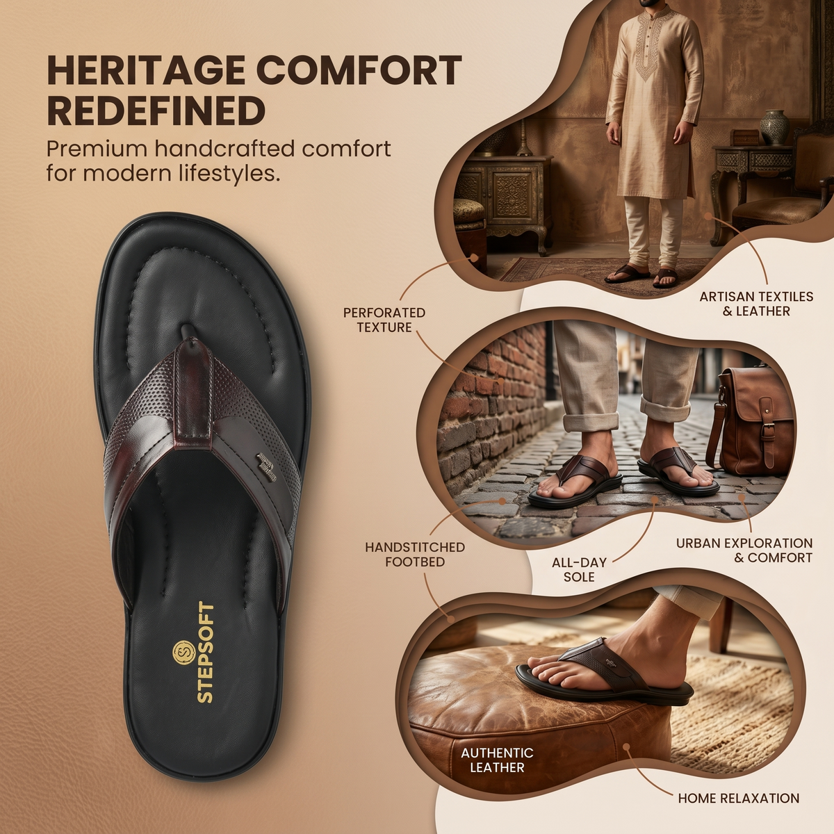 Leather V-Strap Cushioned Slippers for Men