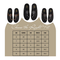 Shoe size chart with black shoes on a beige background