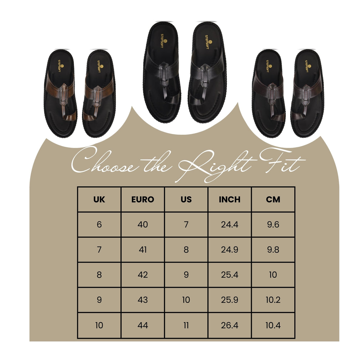 Shoe size chart with black shoes on a beige background