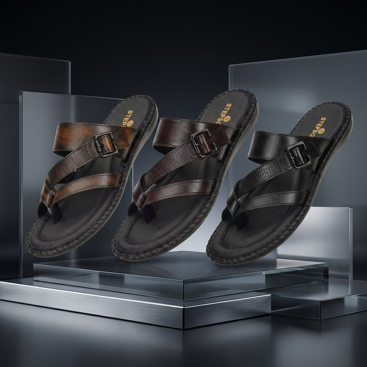 Leather Adjustable Strap Cushion Slippers Men