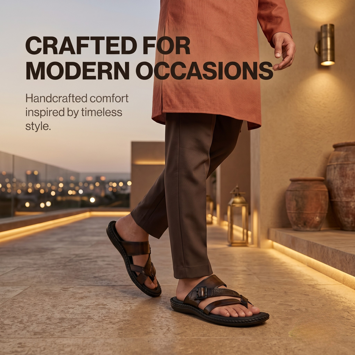 Leather Adjustable Strap Cushion Slippers Men
