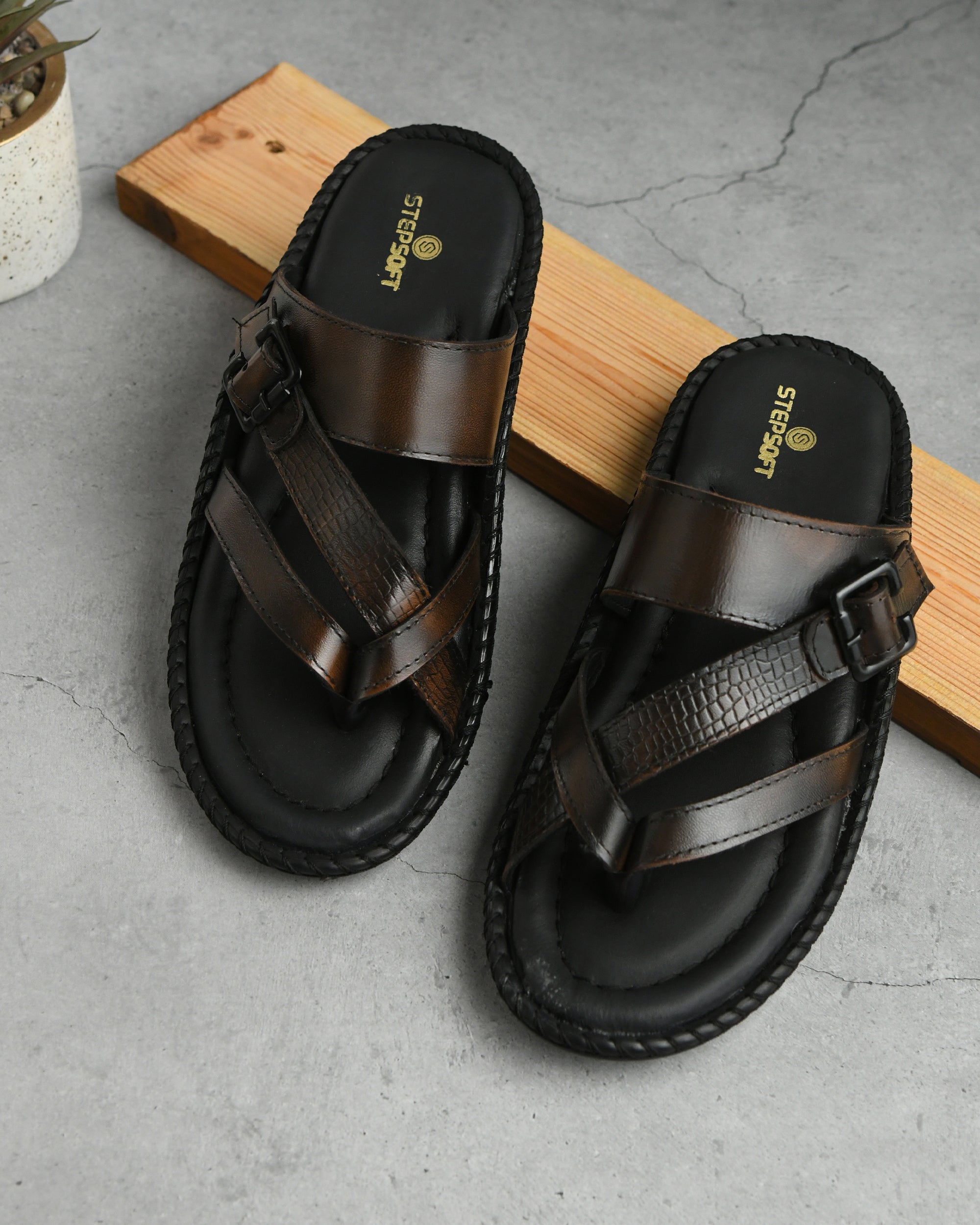Leather Adjustable Strap Cushion Slippers Men