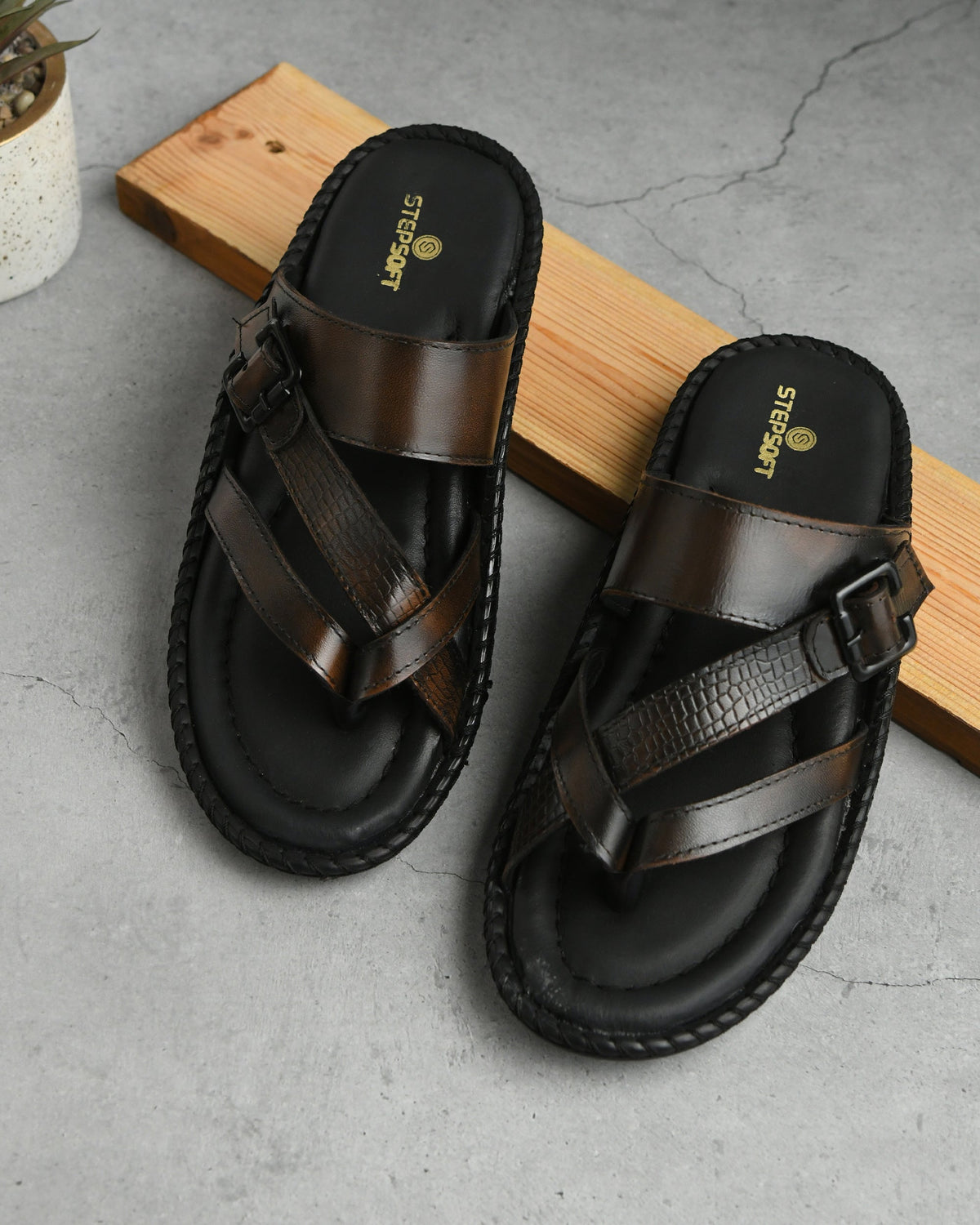 Leather Adjustable Strap Cushion Slippers Men