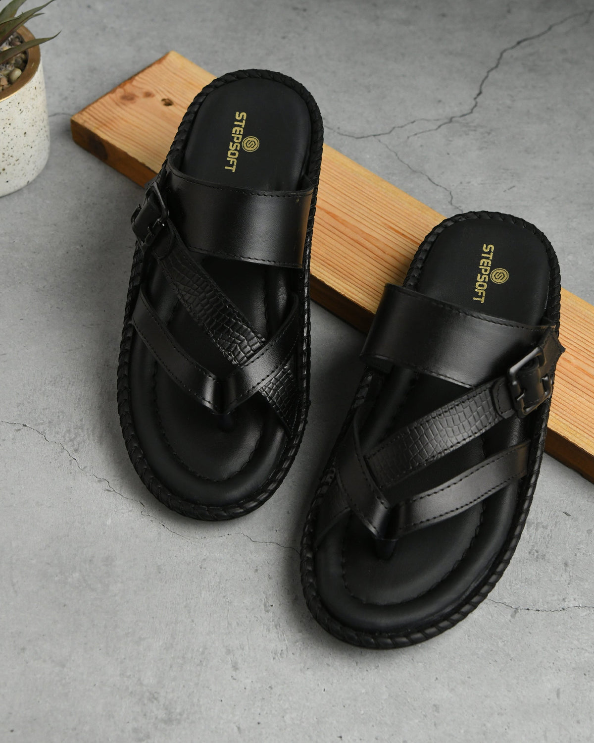 Leather Adjustable Strap Cushion Slippers Men