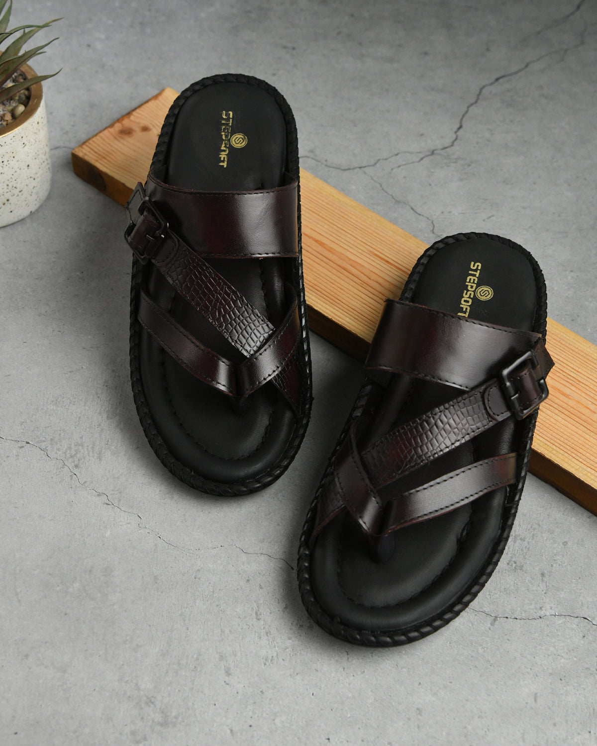 Leather Adjustable Strap Cushion Slippers Men