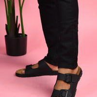 Vegan Leather Buckle Strap Slippers Men