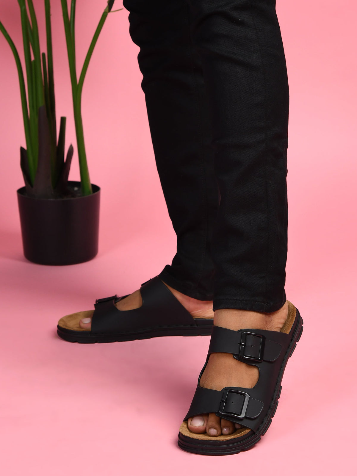 Vegan Leather Buckle Strap Slippers Men