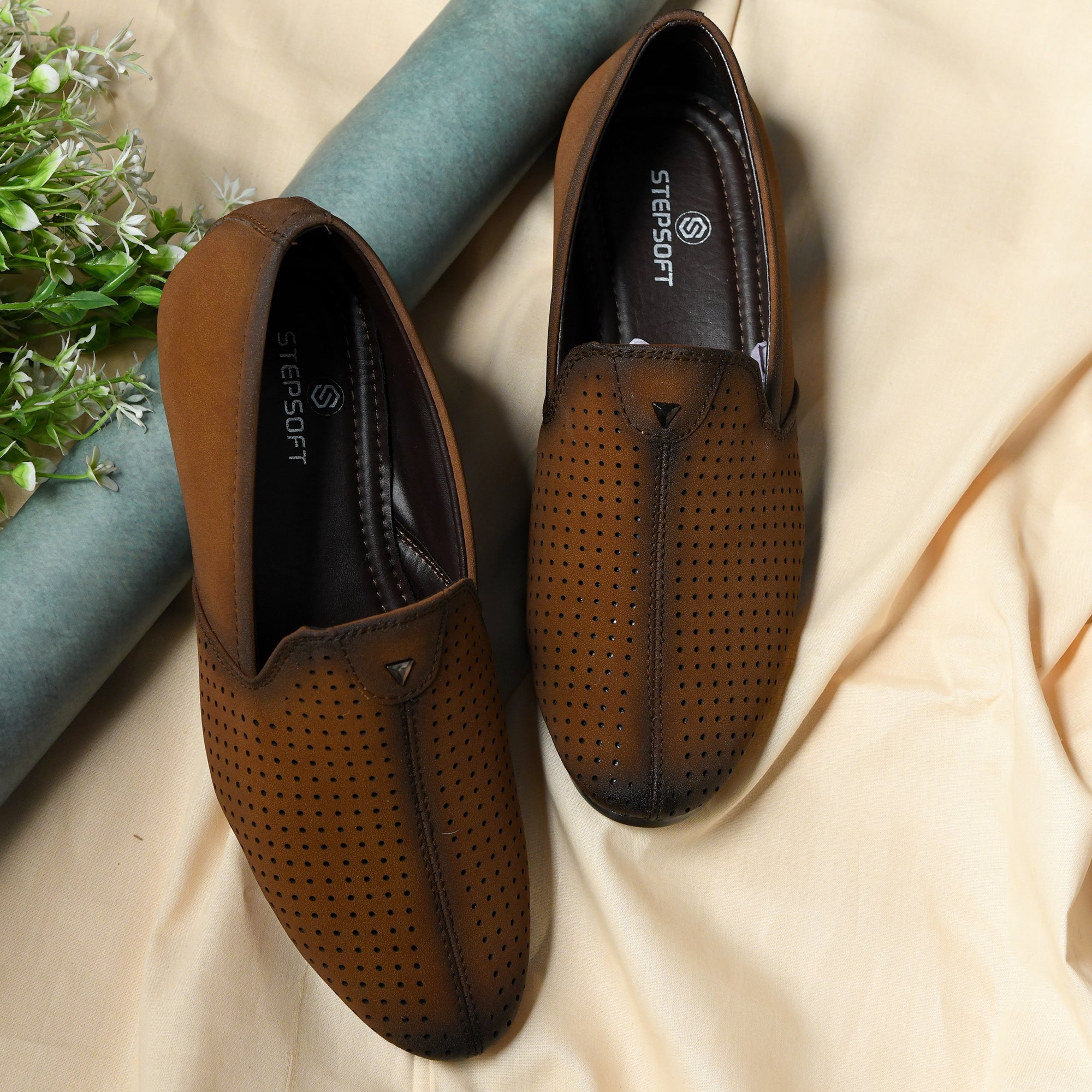 Suede Perforated Slip-On Juttis for Men