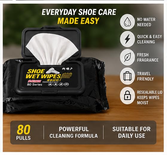 Premium Shoe Cleaning Wet Wipes | 80 Pulls | Instant Sneaker & Leather Shoe Cleaner | Resealable Pack