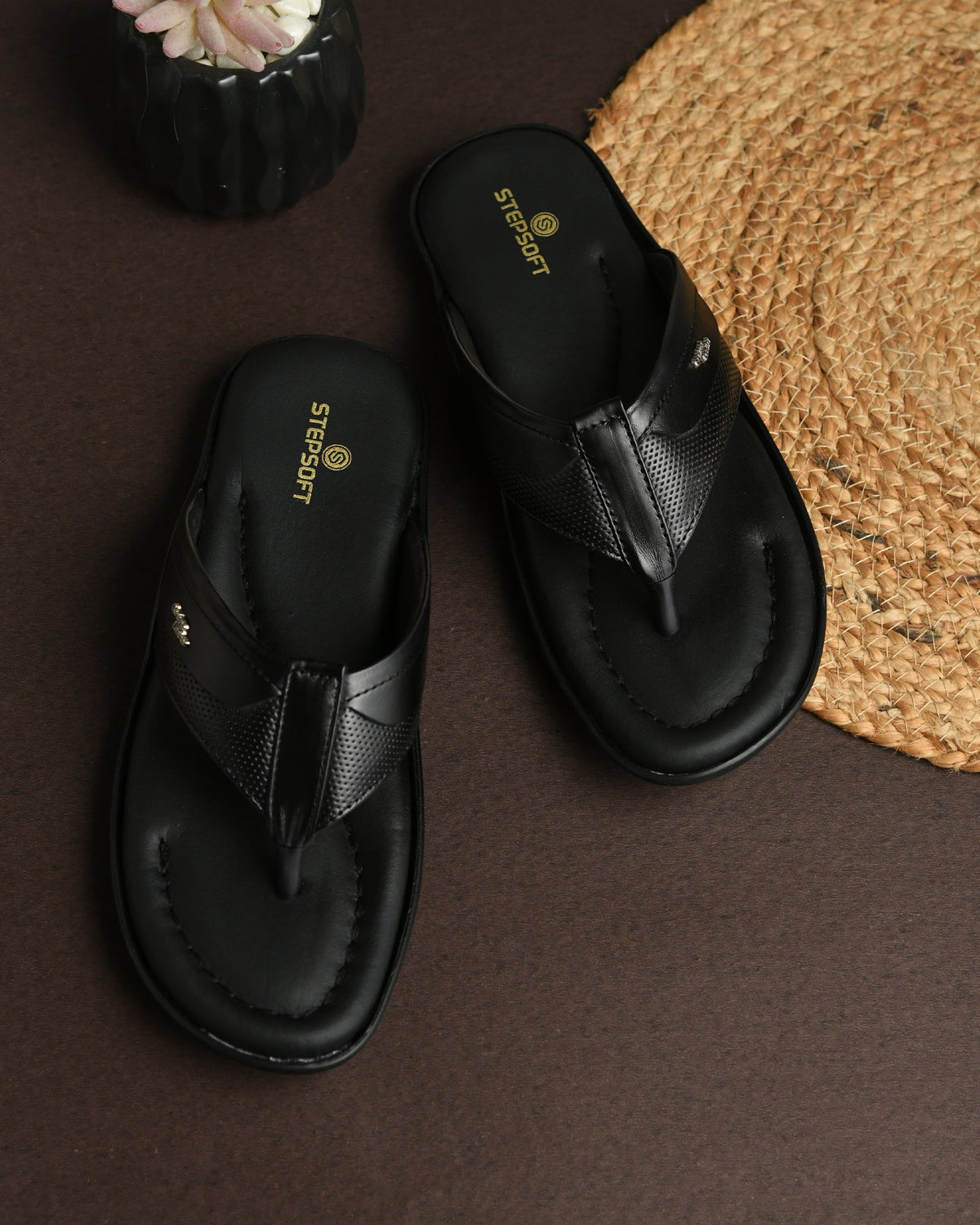 Leather V-Strap Cushioned Slippers for Men