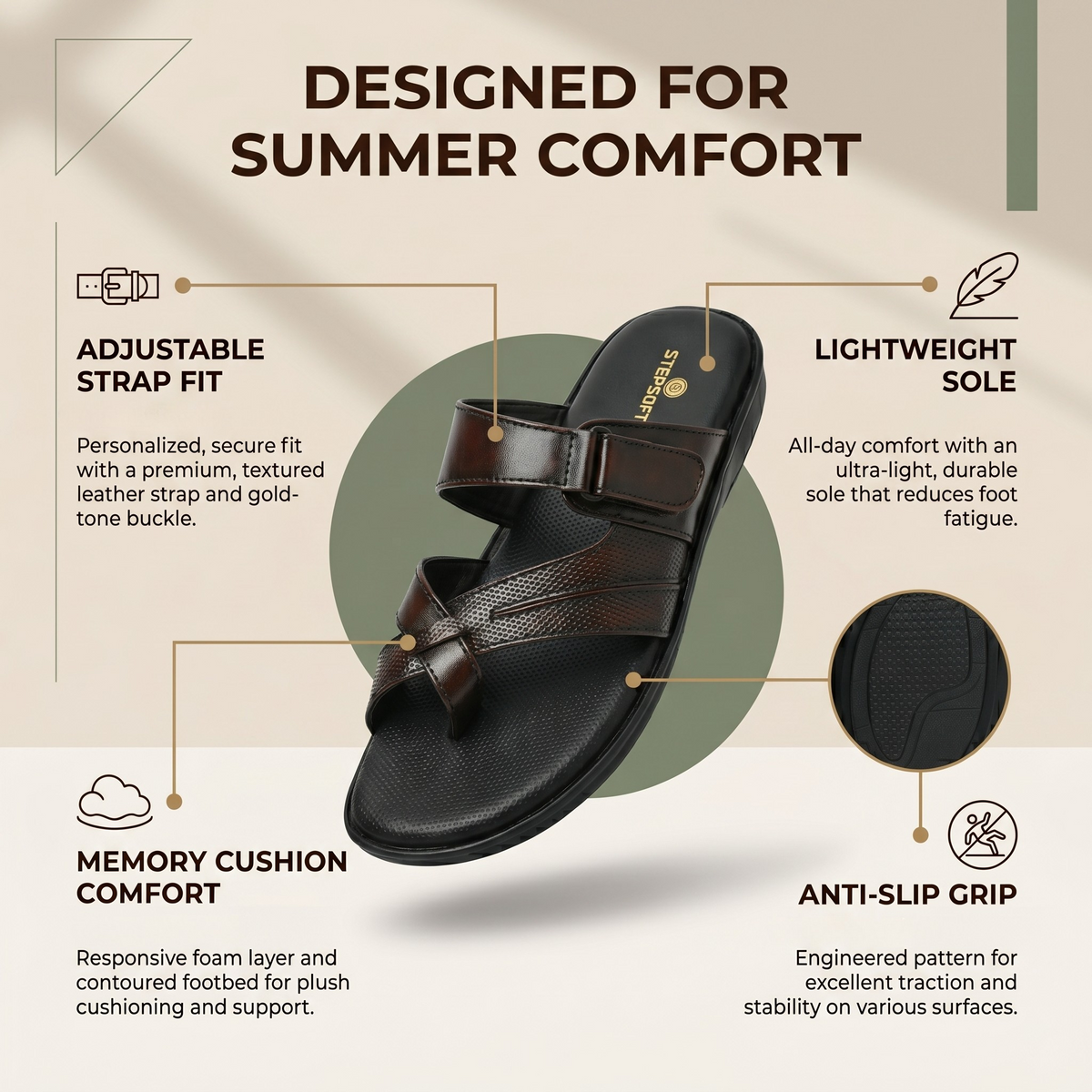 Leather Toe Ring Memory Cushion Slippers Men