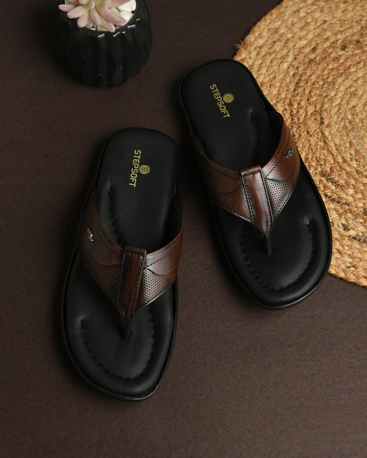 Leather V-Strap Cushioned Slippers for Men