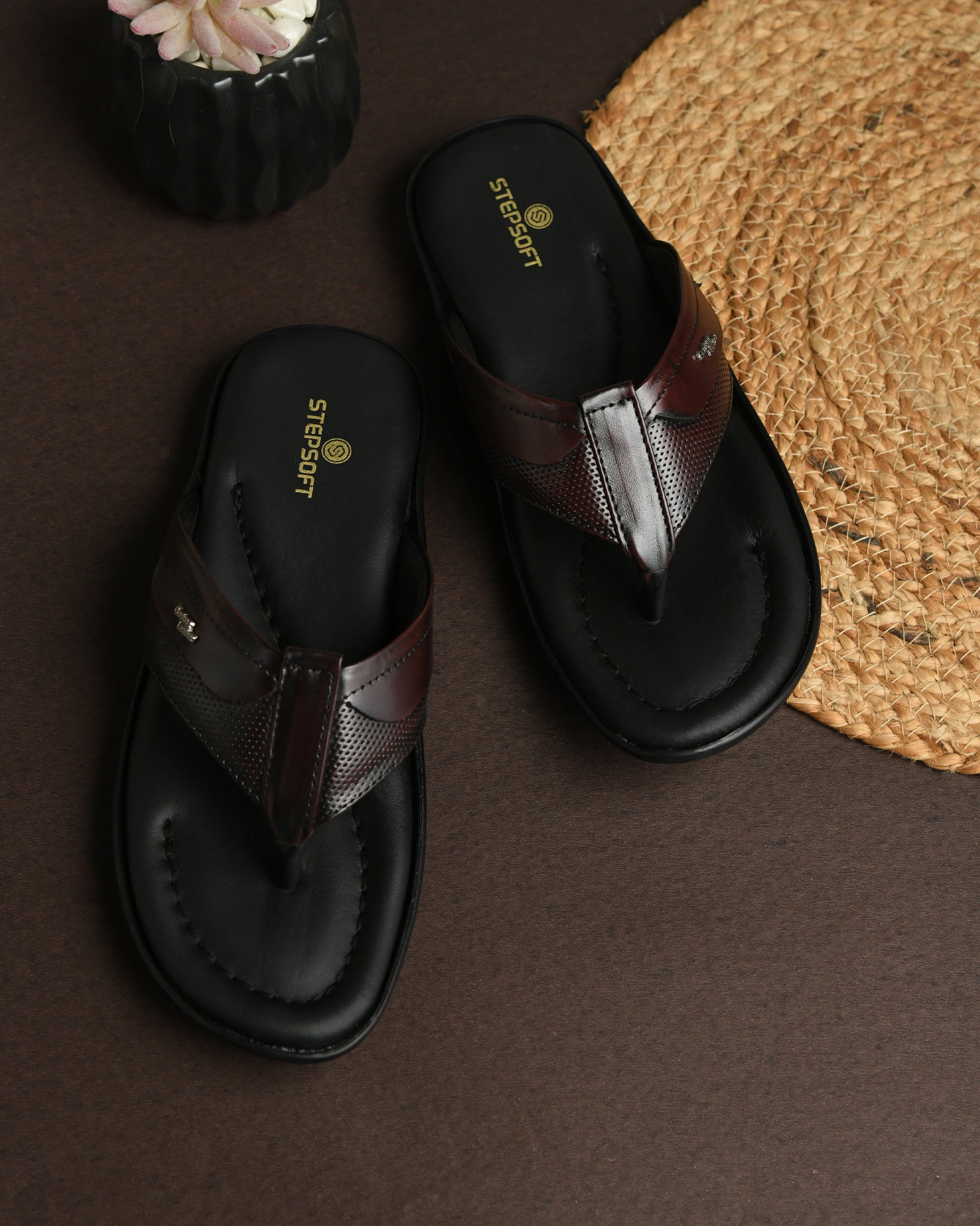 Leather V-Strap Cushioned Slippers for Men