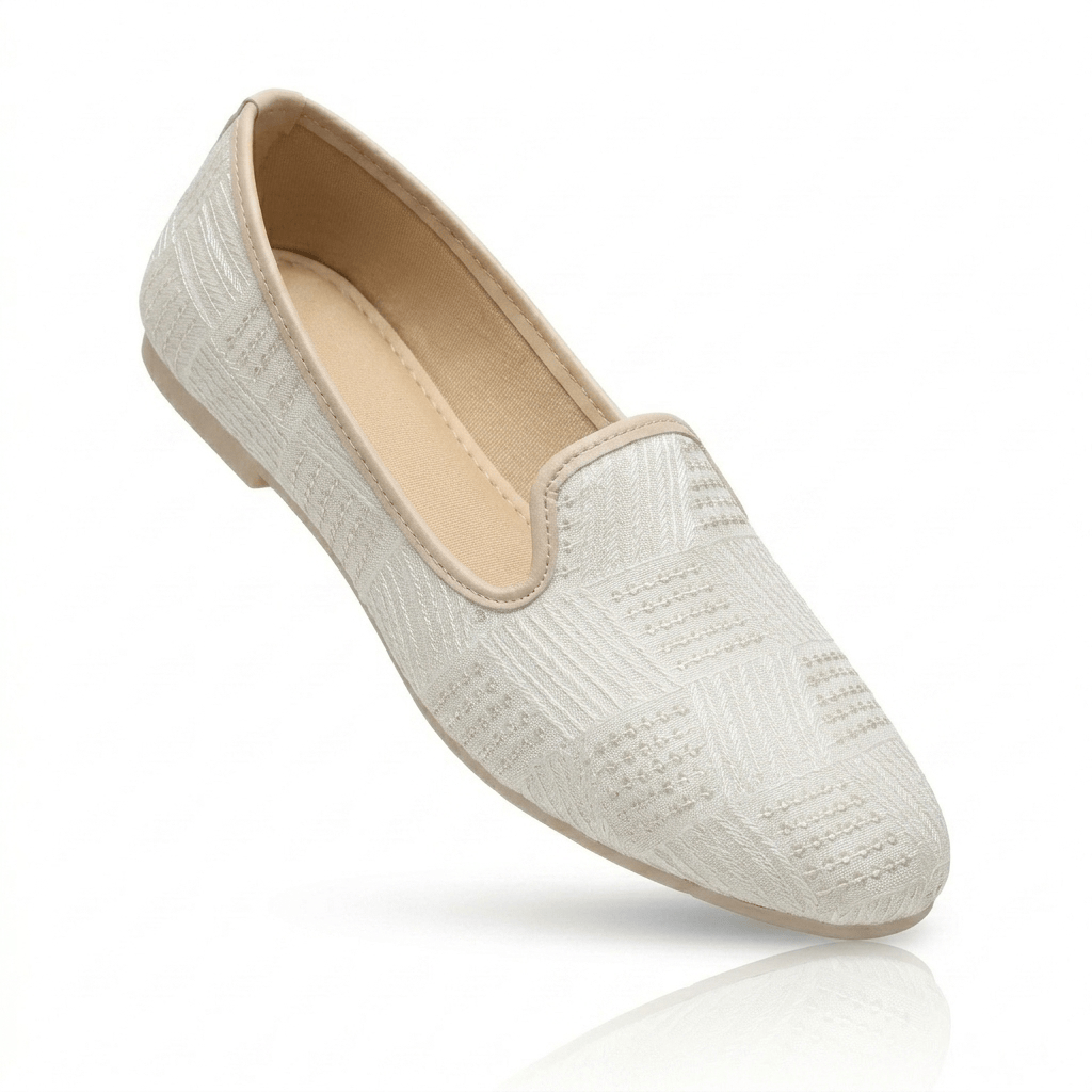 White Woven Fabric Wedding Naagra Mojari