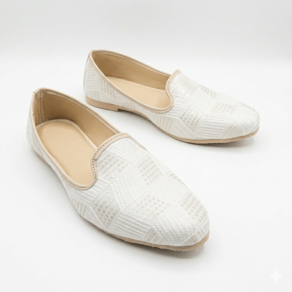 White Woven Fabric Wedding Naagra Mojari