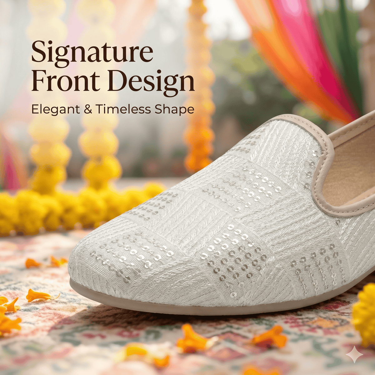 White Woven Fabric Wedding Naagra Mojari