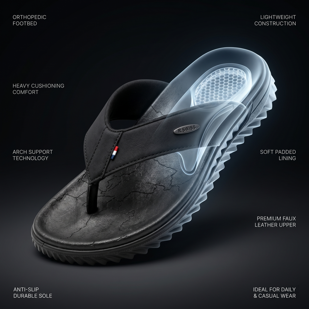 Men's Orthopedic Comfort Flip Flops | Arch Support | Premium Faux Leather | Cushioned Anti-Slip Slippers