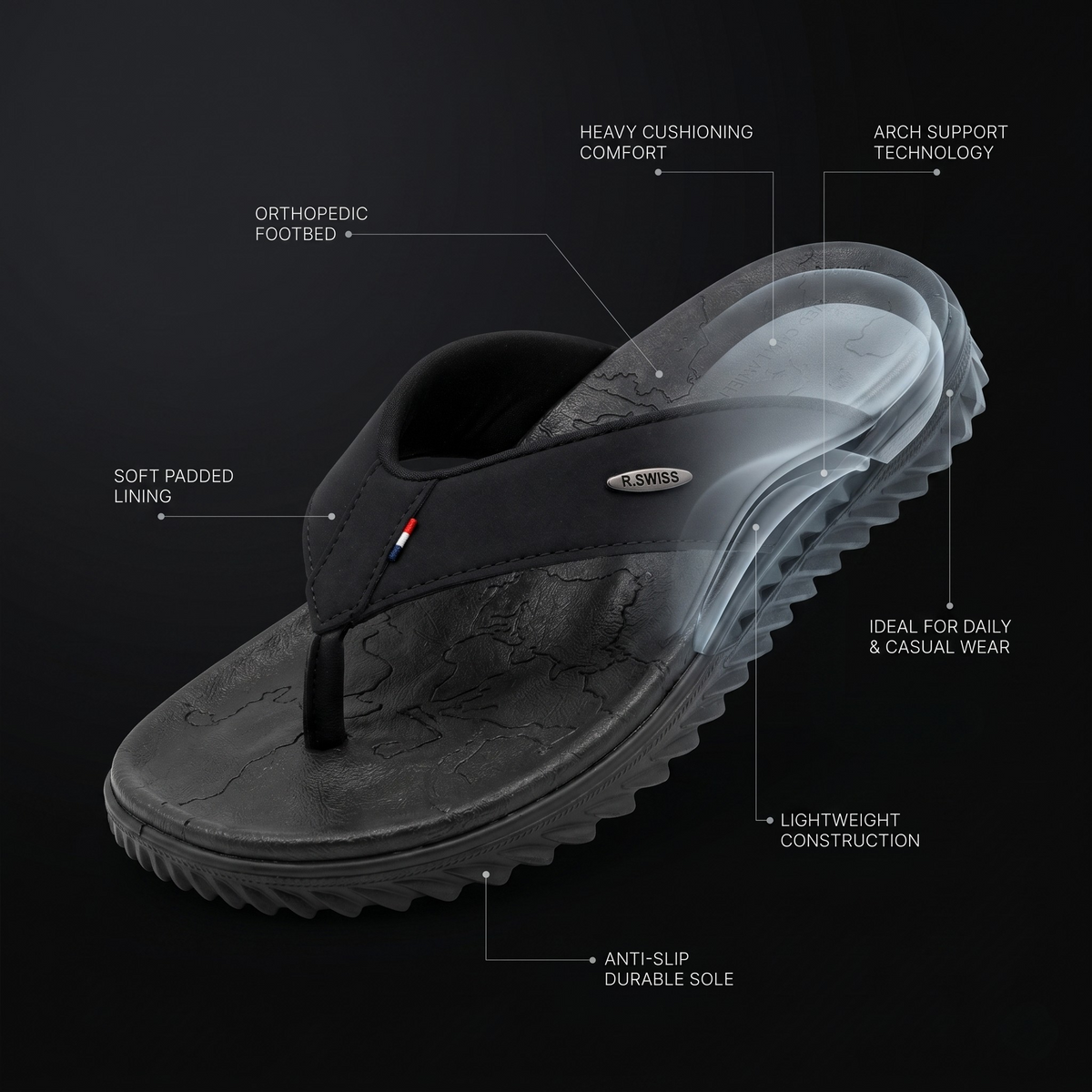 Men's Orthopedic Comfort Flip Flops | Arch Support | Premium Faux Leather | Cushioned Anti-Slip Slippers