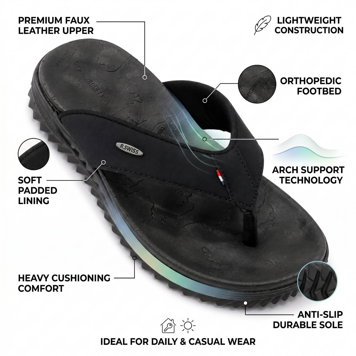 Men's Orthopedic Comfort Flip Flops | Arch Support | Premium Faux Leather | Cushioned Anti-Slip Slippers
