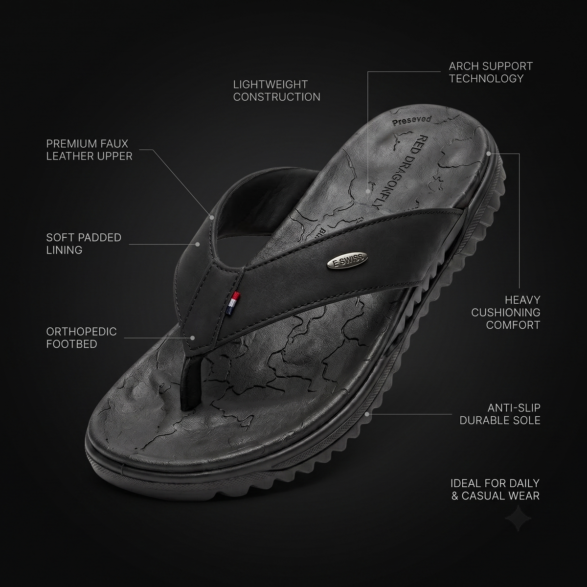 Men's Orthopedic Comfort Flip Flops | Arch Support | Premium Faux Leather | Cushioned Anti-Slip Slippers