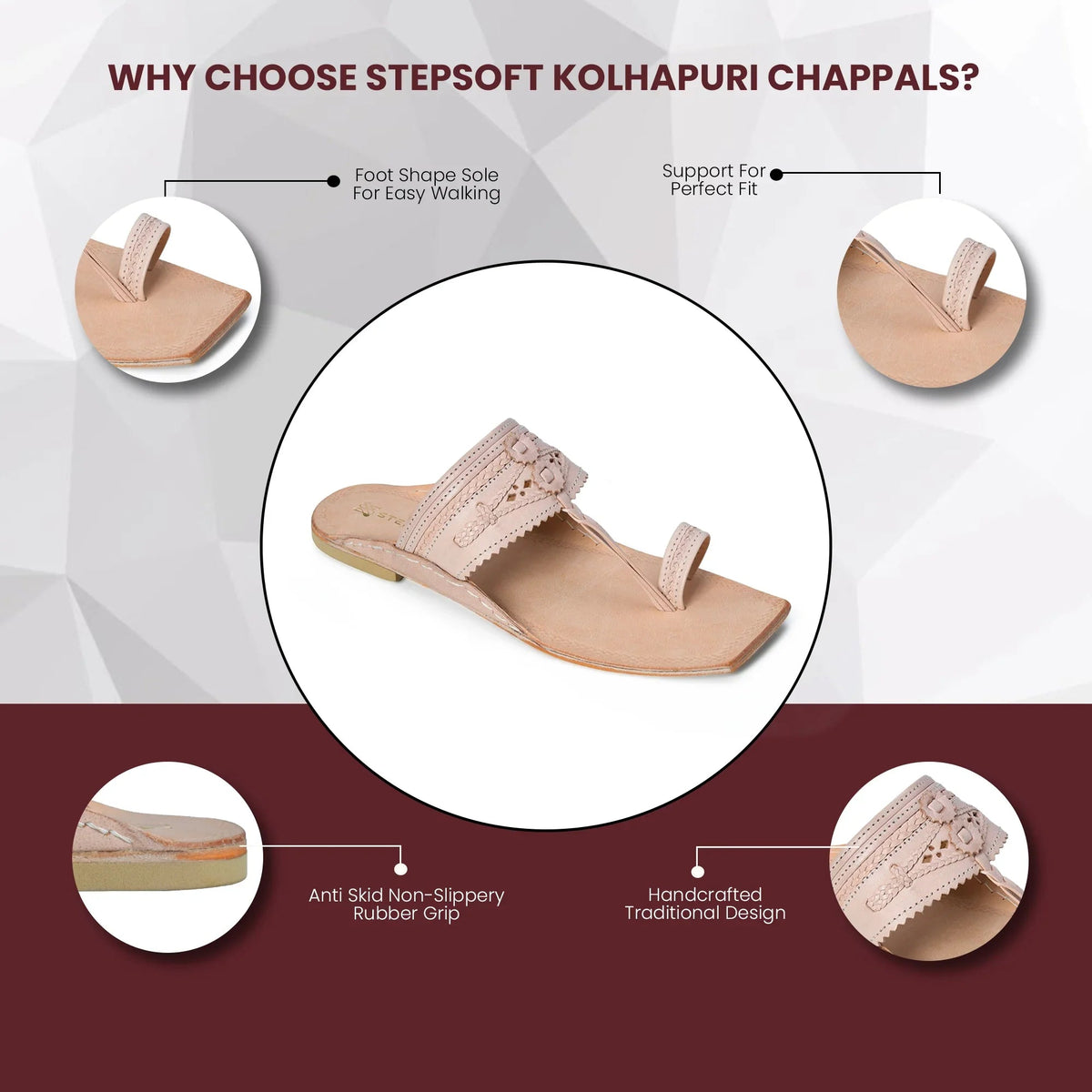 Promotional image of Stepsoft Kolhapuri Chappals with features highlighted on a white background.