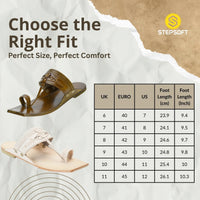 Pair of sandals with a size chart and Stepsoft branding on a textured background