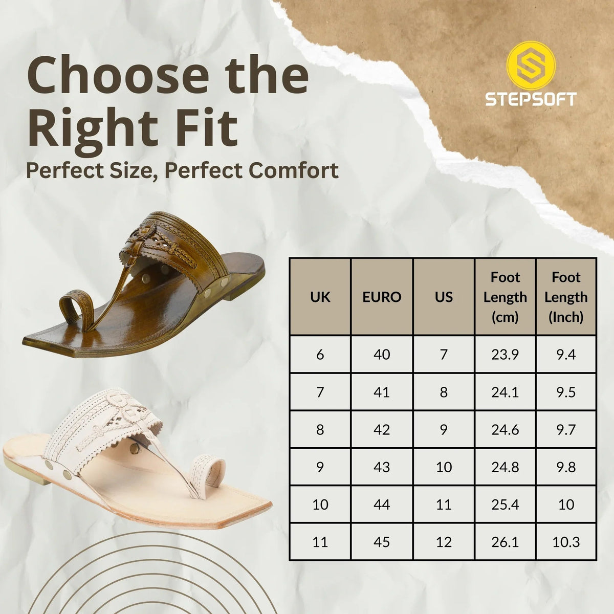 Pair of sandals with a size chart and Stepsoft branding on a textured background