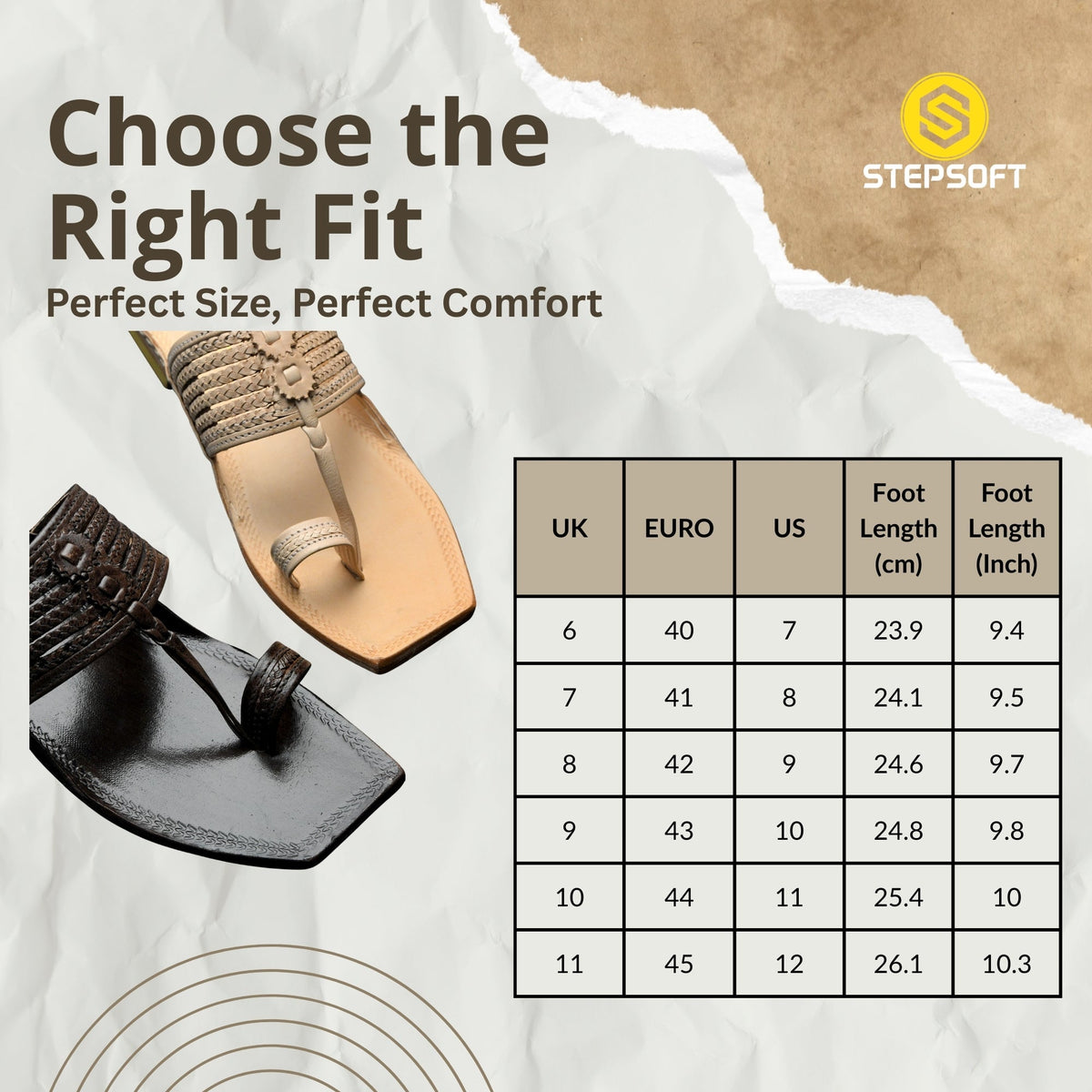 Stepsoft sandal size chart with two sandals on a textured background