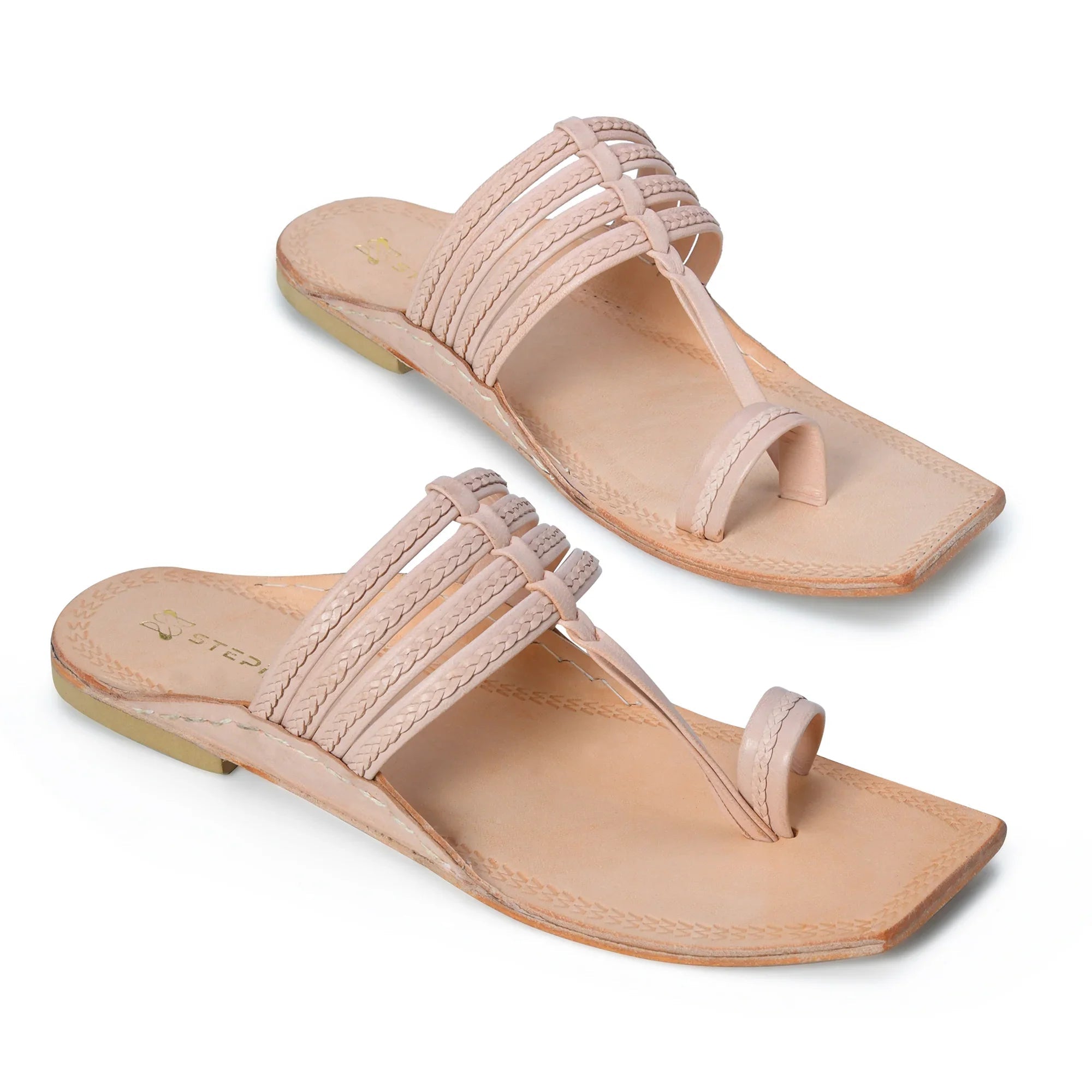 Pair of Anvaya Signature kolhapuri chappals for men handcrafted from pure leather in elegant cream color