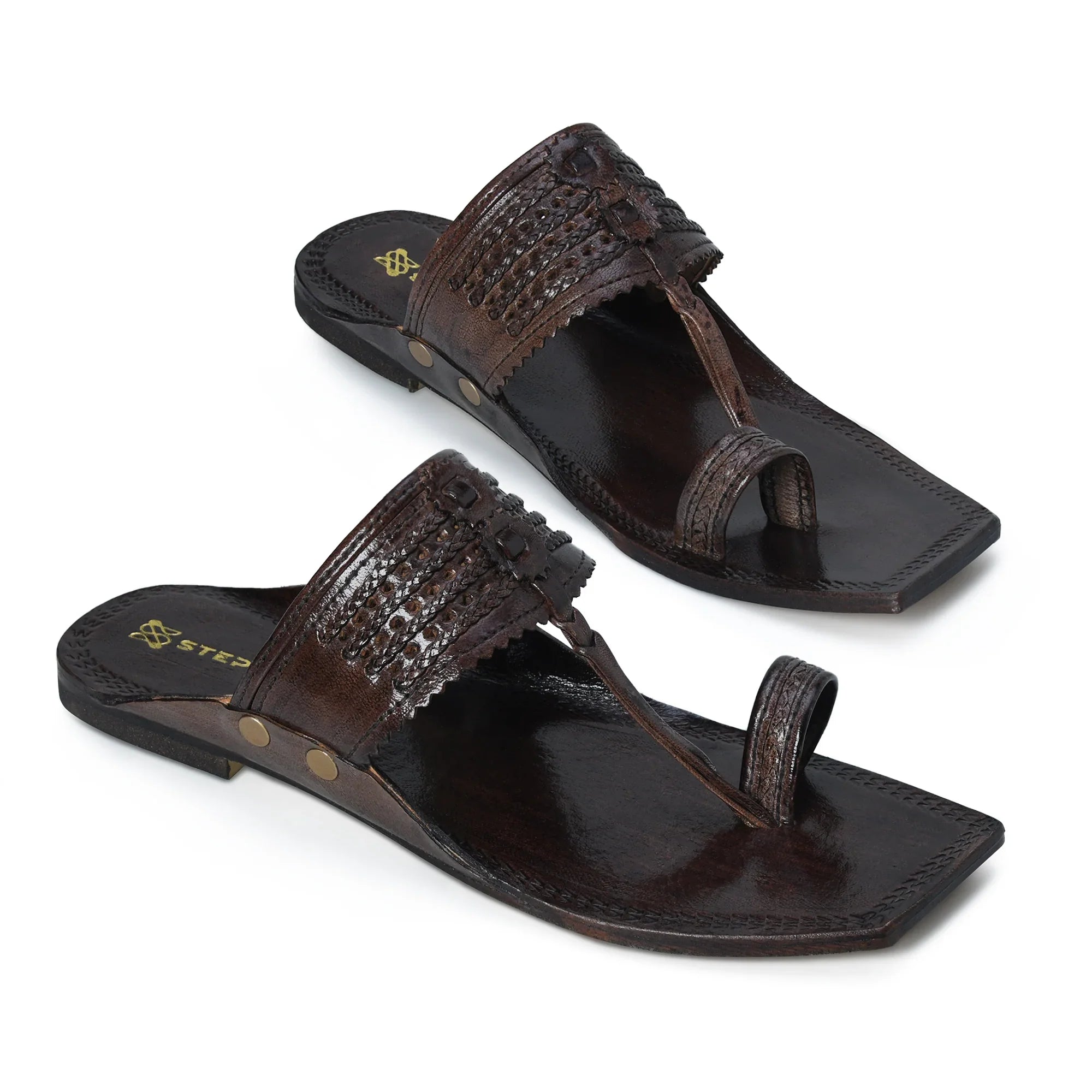 Pair of Viraj Patina Royale kolhapuri chappals for men handcrafted from genuine leather in antique brown finish