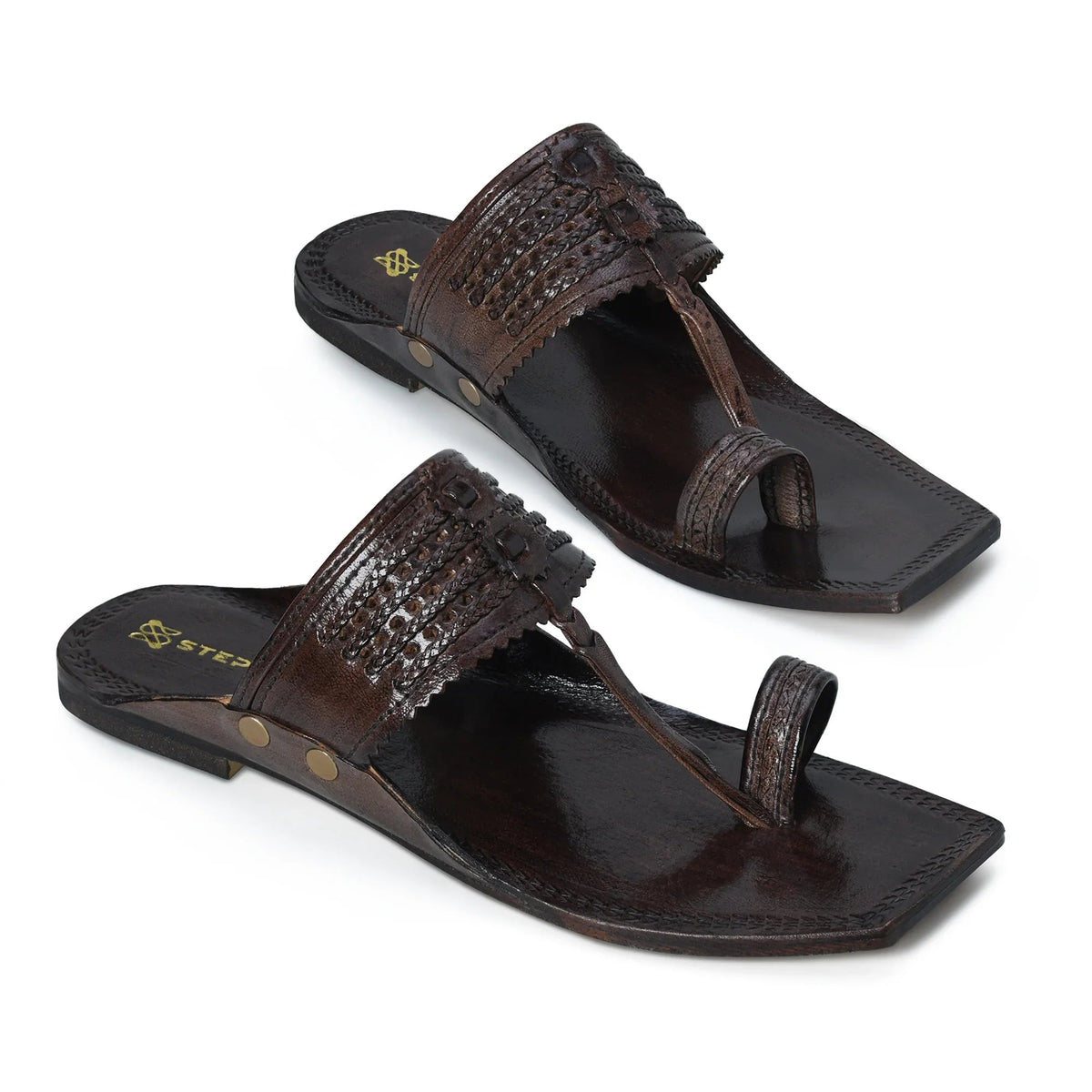 Pair of Viraj Patina Royale kolhapuri chappals for men handcrafted from genuine leather in antique brown finish