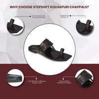 Handcrafted Viraj Patina Royale kolhapuri chappal features showing foot shape sole, toe ring support, and anti skid grip