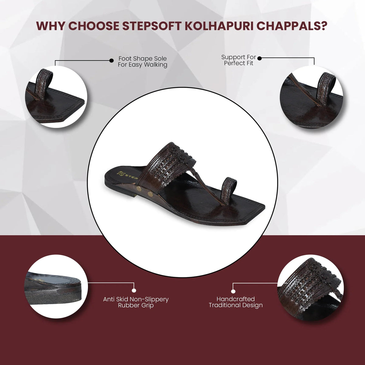 Handcrafted Viraj Patina Royale kolhapuri chappal features showing foot shape sole, toe ring support, and anti skid grip