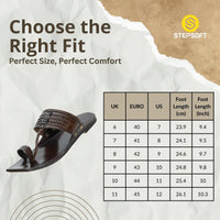 Viraj Patina Royale kolhapuri chappal size chart for men showing UK, EU, US sizes and foot length measurements