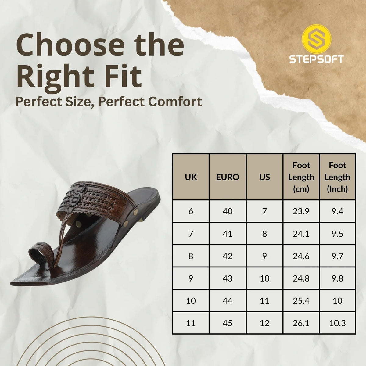 Viraj Patina Royale kolhapuri chappal size chart for men showing UK, EU, US sizes and foot length measurements